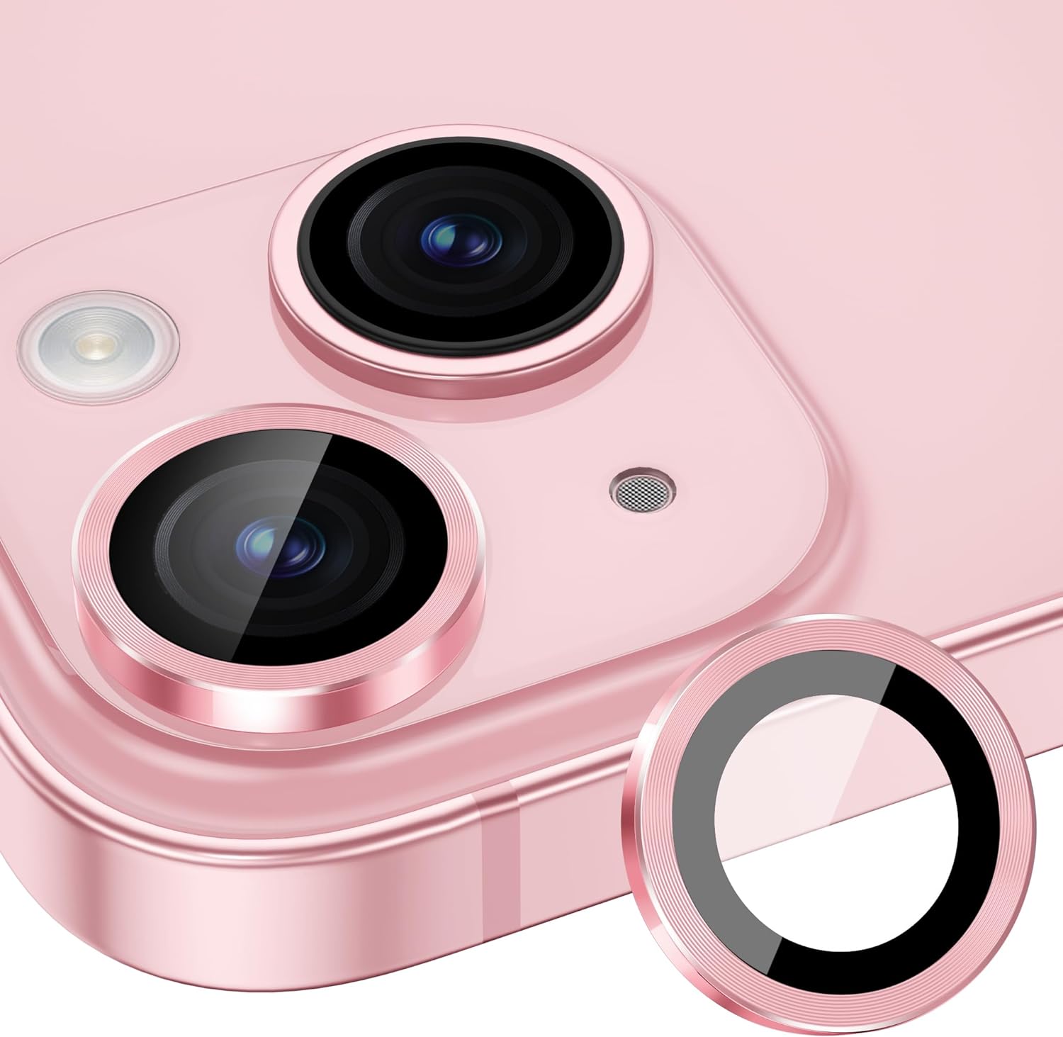 Xfilm Camera Lens Protector Compatible for iPhone 15/15 Plus, Individual Metal Ring 9H Hardness Scratchproof Protector, Stylish Accessories, Case Friendly (Pink)