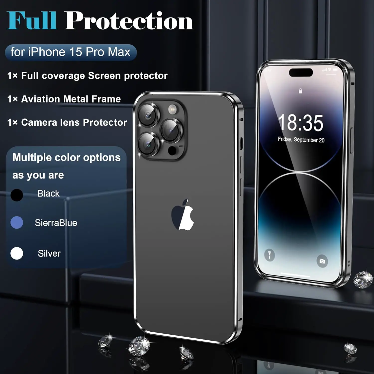 YMHML 3 in 1 Case for iPhone 15 Pro Max Titanium Frame with Screen Protector and Camera Lens Protector Tempered Glass, Metal Bumper Slim Hard Straight Edge Full Drop Protection Accessories, Black