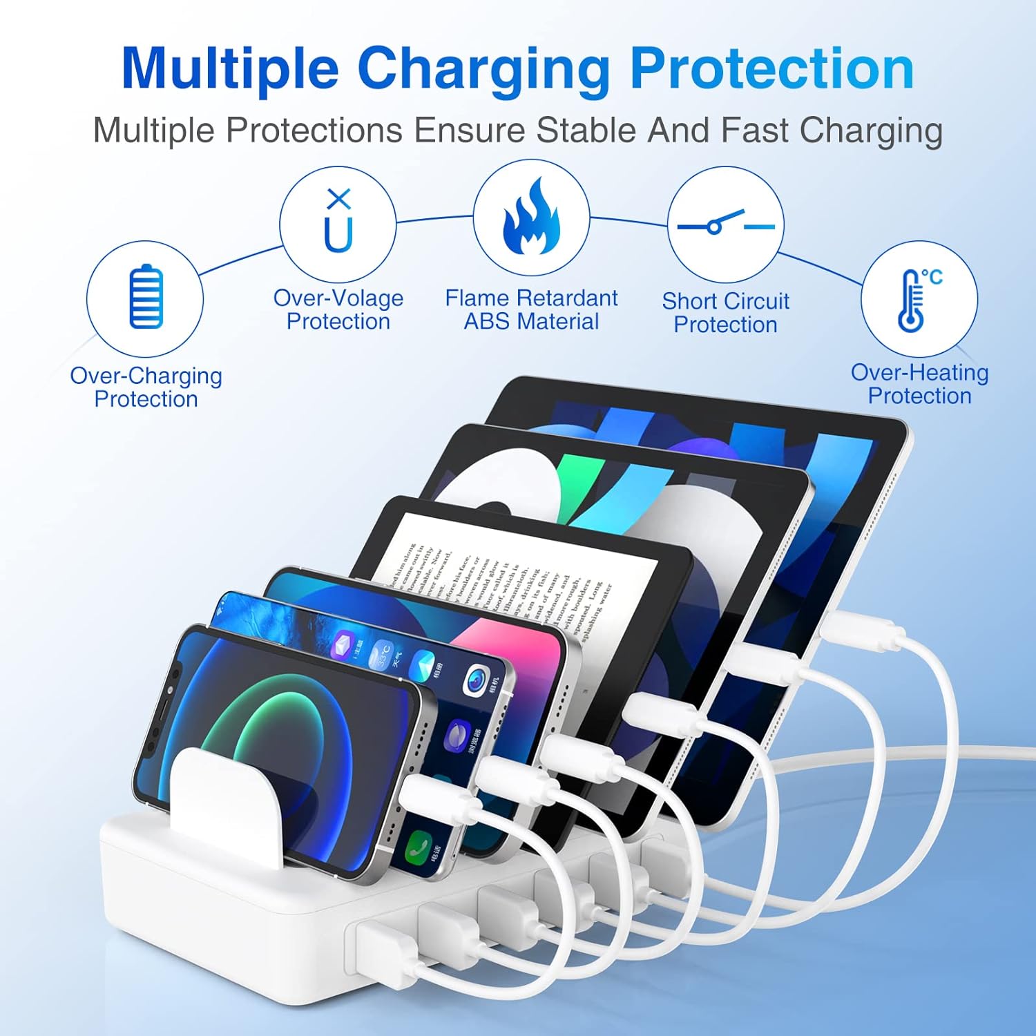 ZXSWONLY Charging Station for Multiple Devices, 50W 6 Ports USB Charging Station Organizer with 6 Cables Compatible with Cellphone, Tablet, Kindle, and Other Electronic (White)