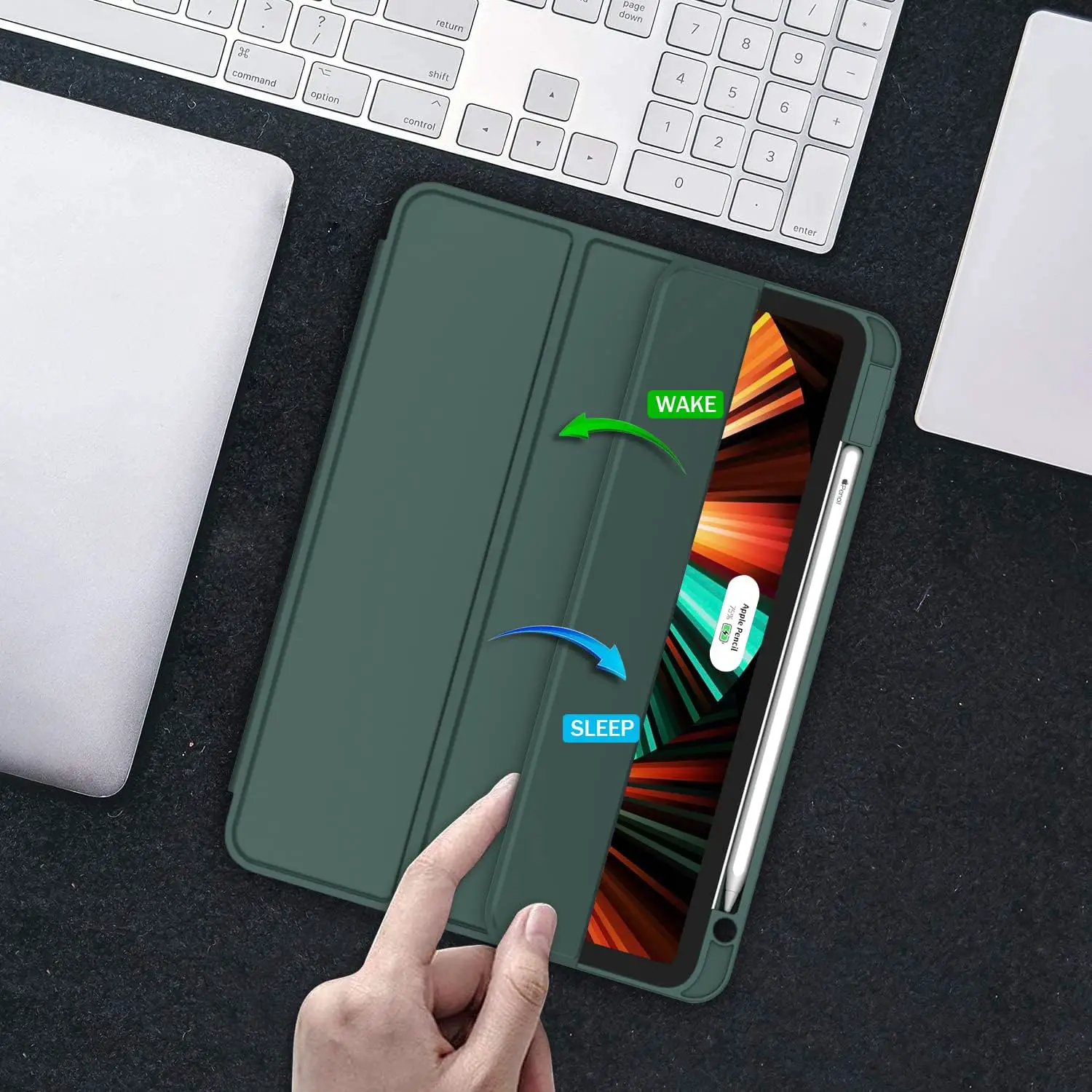 ZryXal New iPad Pro 12.9 Inch Case 2022/2021/2020(6th/5th/4th Gen) with Pencil Holder,Smart Case [Support Touch ID and Auto Wake/Sleep] with Auto 2nd Gen Pencil Charging (Midnight Green)
