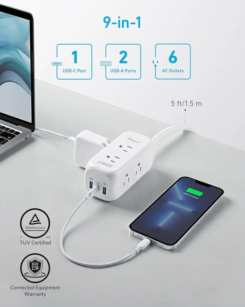Anker USB C Power Strip Surge Protector(300J),6 Outlets and 20W Power Delivery for iPhone 15/15 Plus/15 Pro/15 Pro Max, 3-Side Outlet Extender, 5ft Extension Cord, for School,Home,Office,TUV Listed