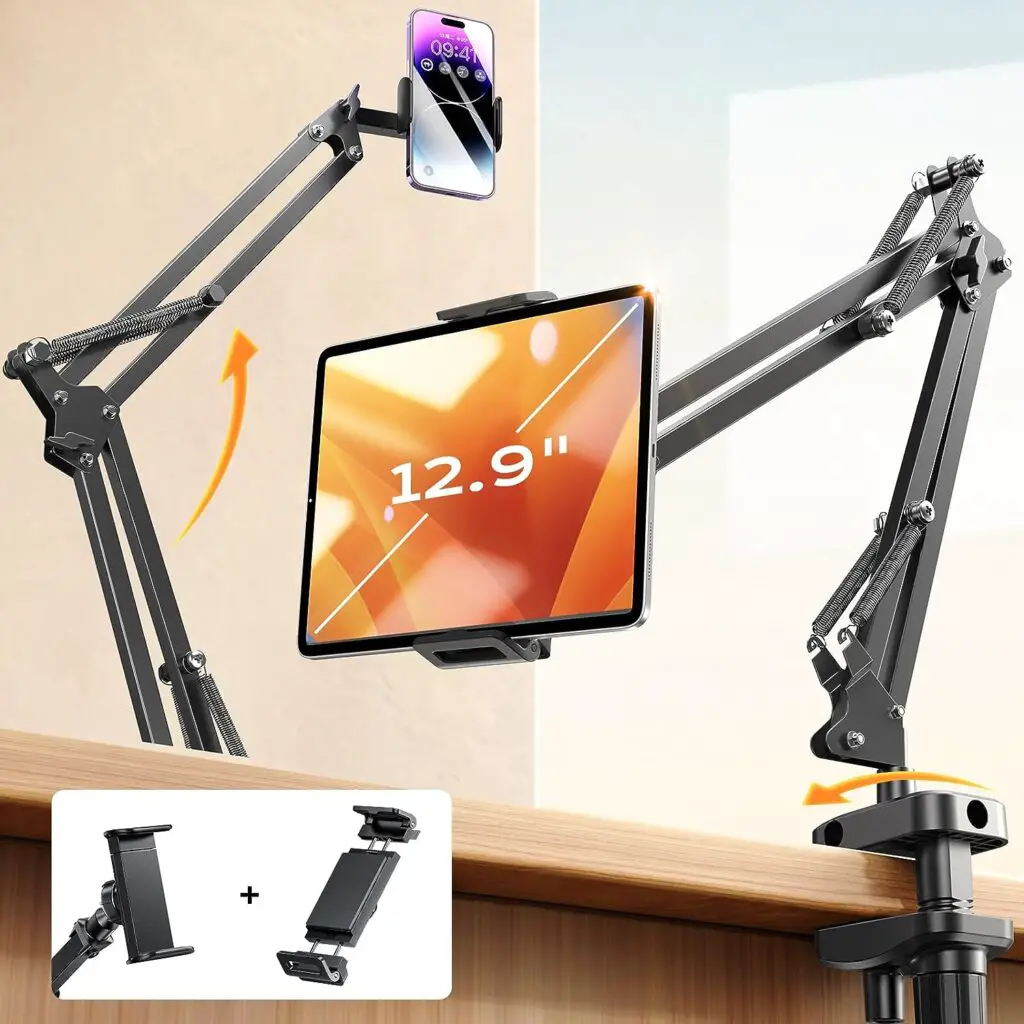 LISEN Tablet Stand Phone Holder iPad Holder for Desk Mount[Ultra Durable] 2 Clamps Phone Tablet Holder for iPhone Tablet Mount Phone Stand fits iPhone 15 Pro Max iPad Galaxy All 4-13 Device